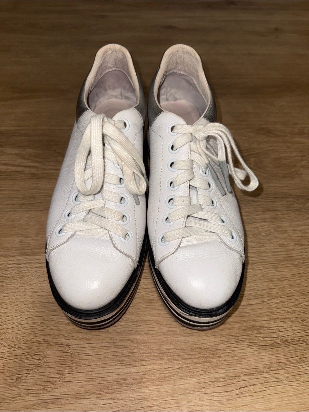 White Leather Platform Lace-Up Sneakers with Metallic Heel